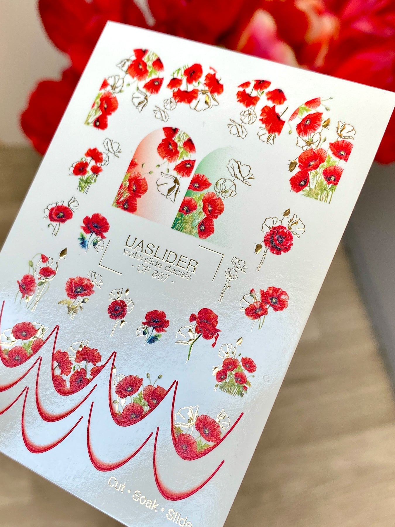 Poppy Nail Decals — Red Poppies & Gold Foil Outlines | CF - 867 - UASLIDER