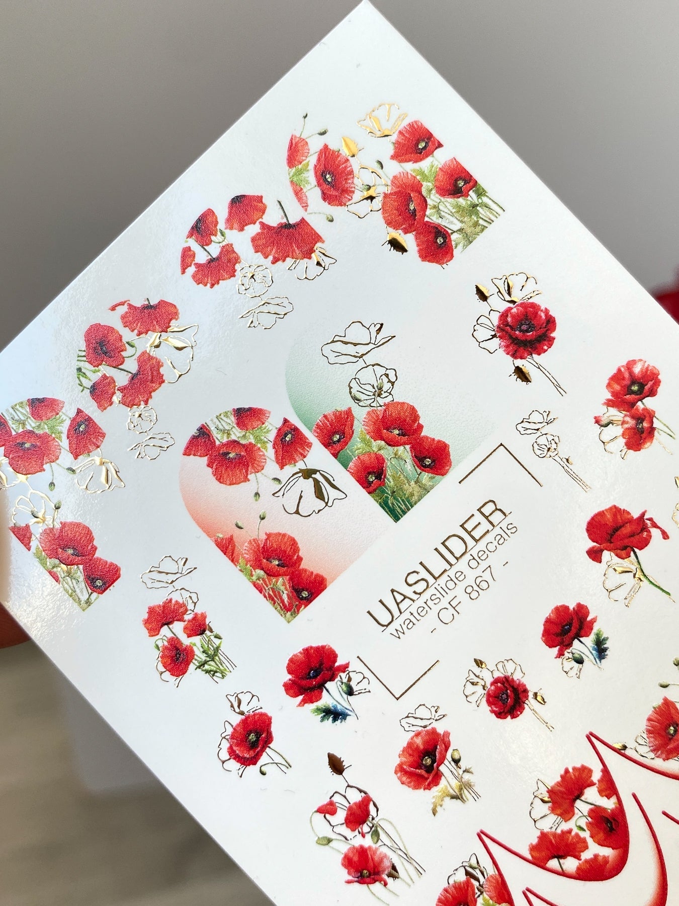 Poppy Nail Decals — Red Poppies & Gold Foil Outlines | CF - 867 - UASLIDER