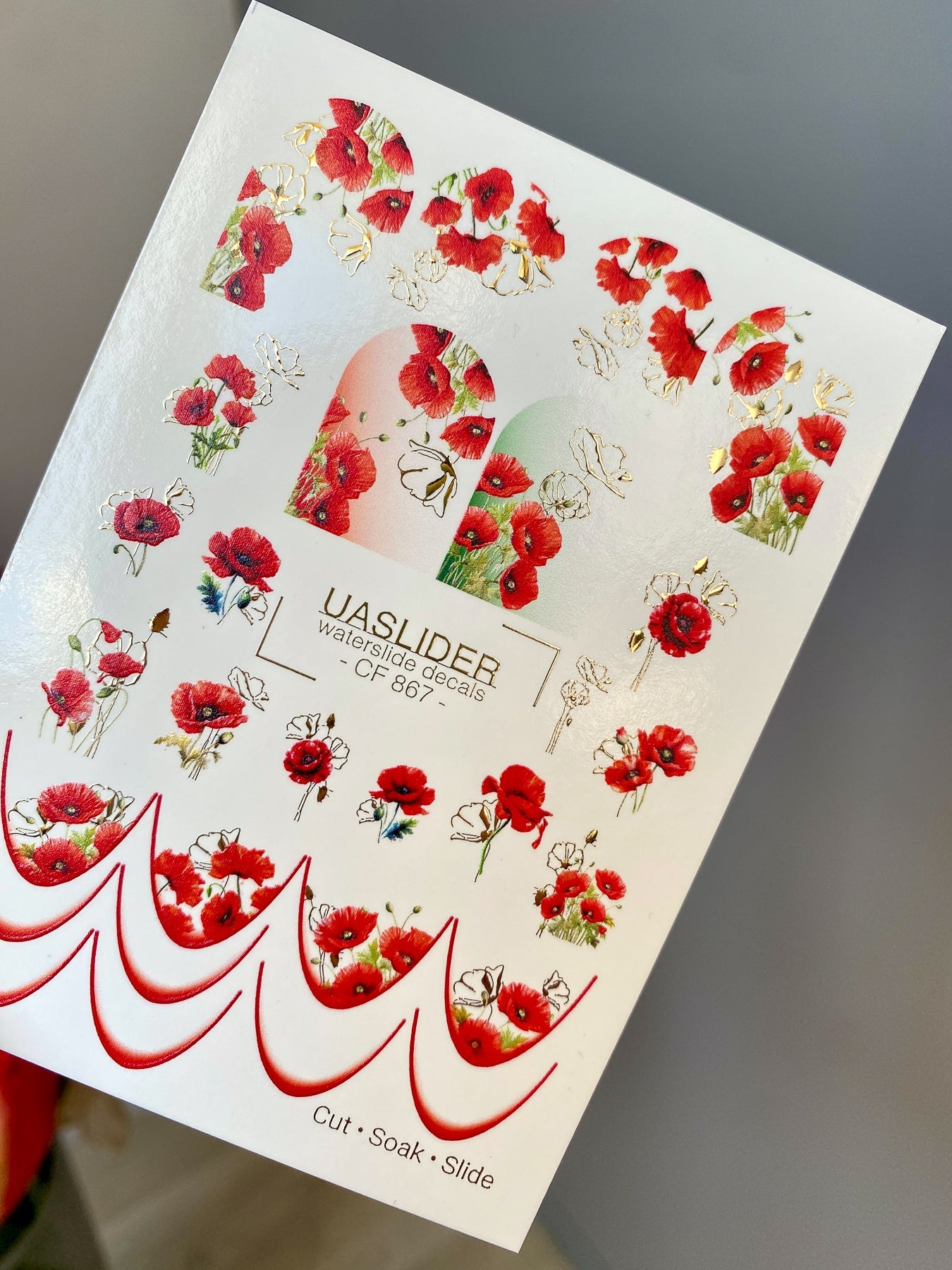 Poppy Nail Decals — Red Poppies & Gold Foil Outlines | CF - 867 - UASLIDER