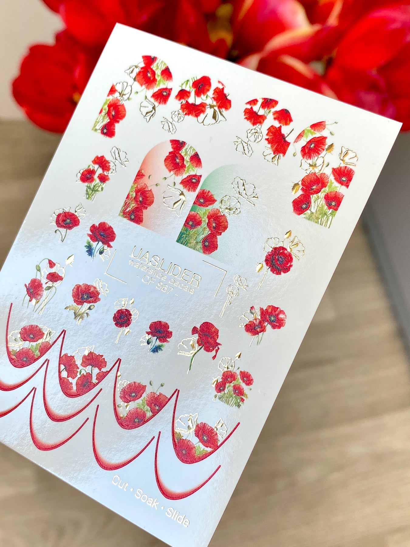 Poppy Nail Decals — Red Poppies & Gold Foil Outlines | CF - 867 - UASLIDER