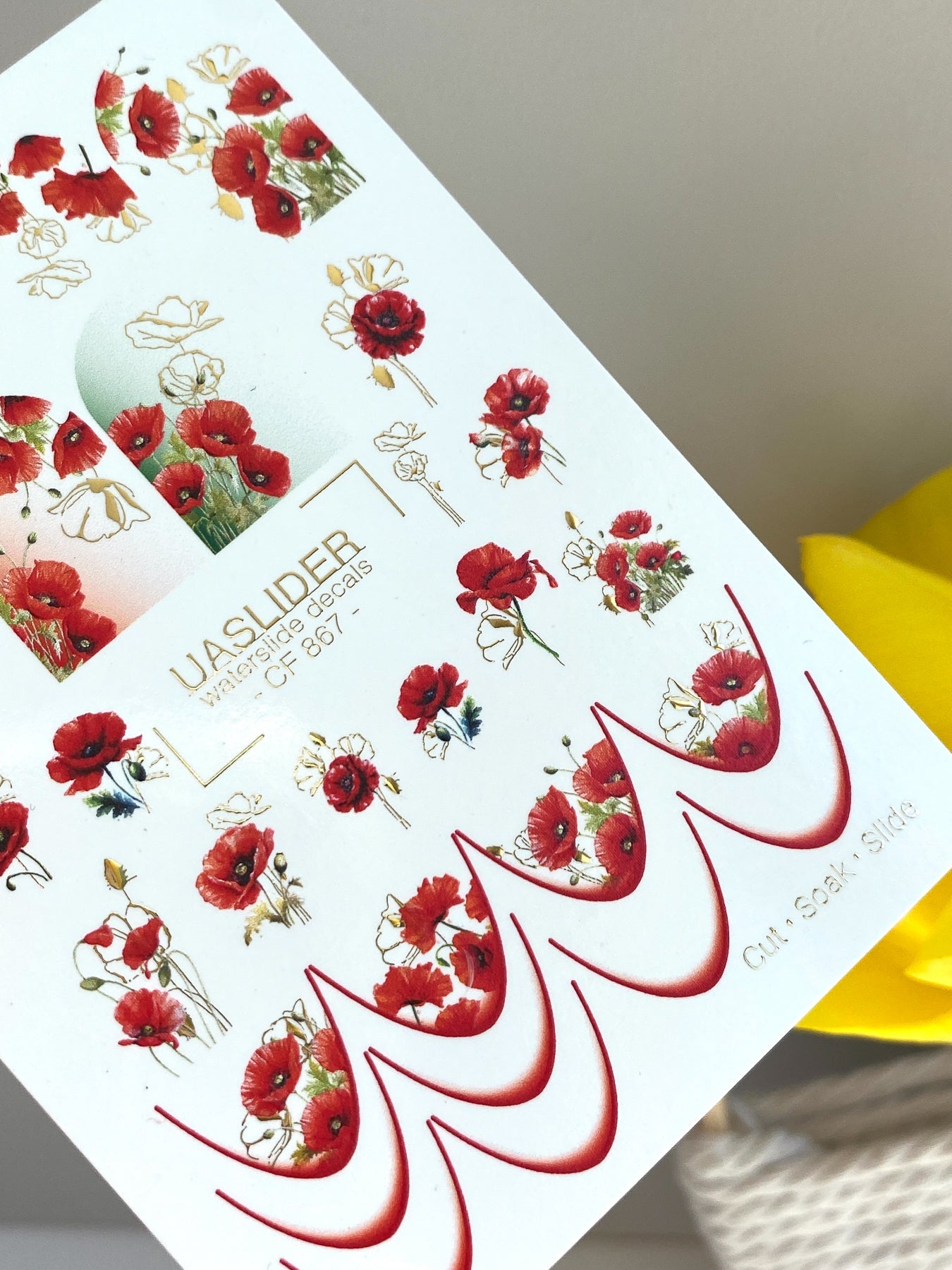 Poppy Nail Decals — Red Poppies & Gold Foil Outlines | CF - 867 - UASLIDER