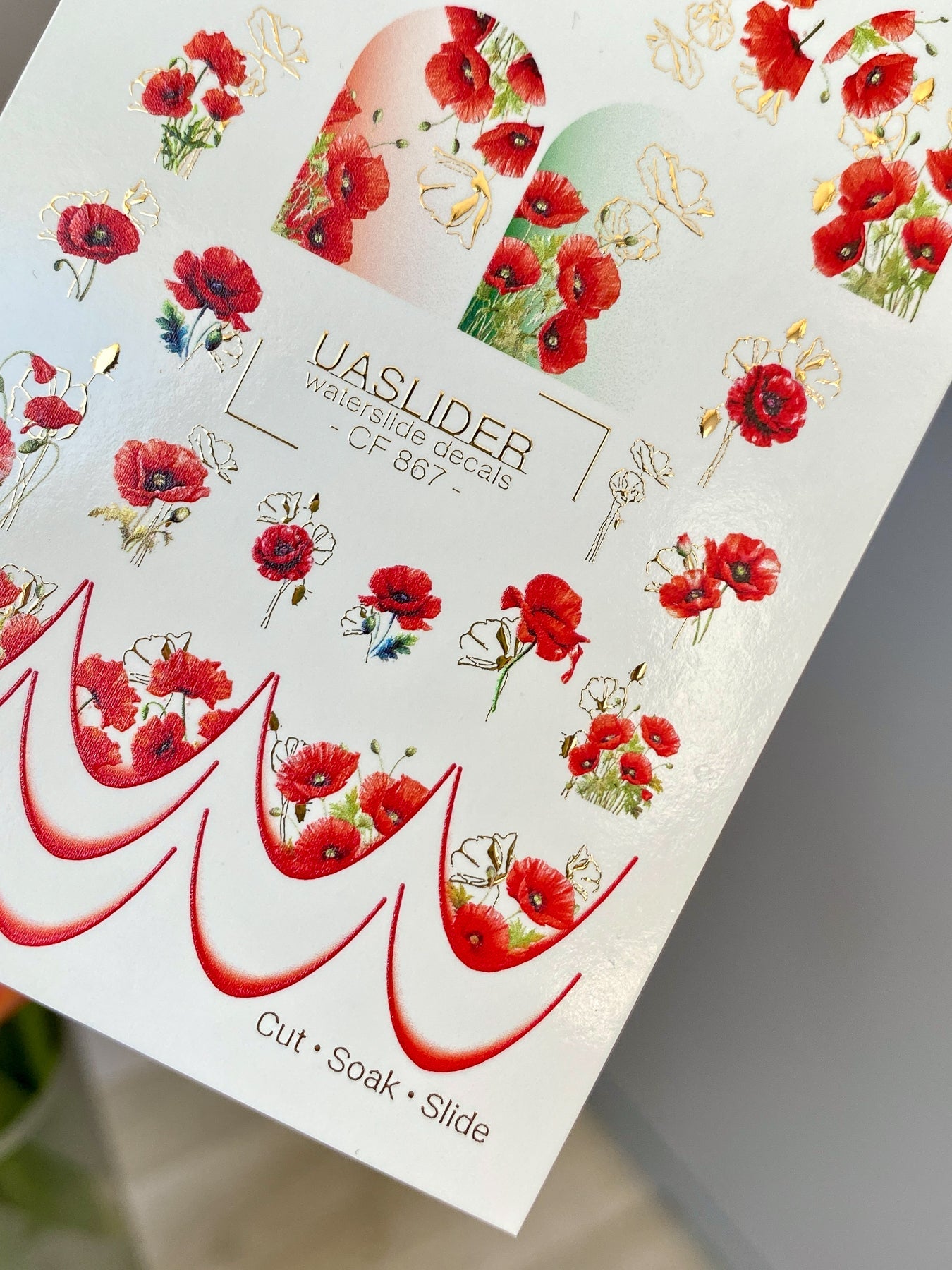 Poppy Nail Decals — Red Poppies & Gold Foil Outlines | CF - 867 - UASLIDER