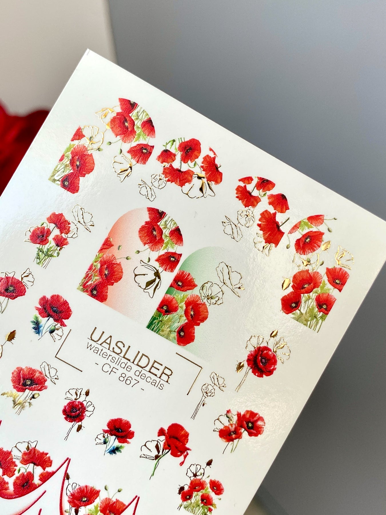 Poppy Nail Decals — Red Poppies & Gold Foil Outlines | CF - 867 - UASLIDER