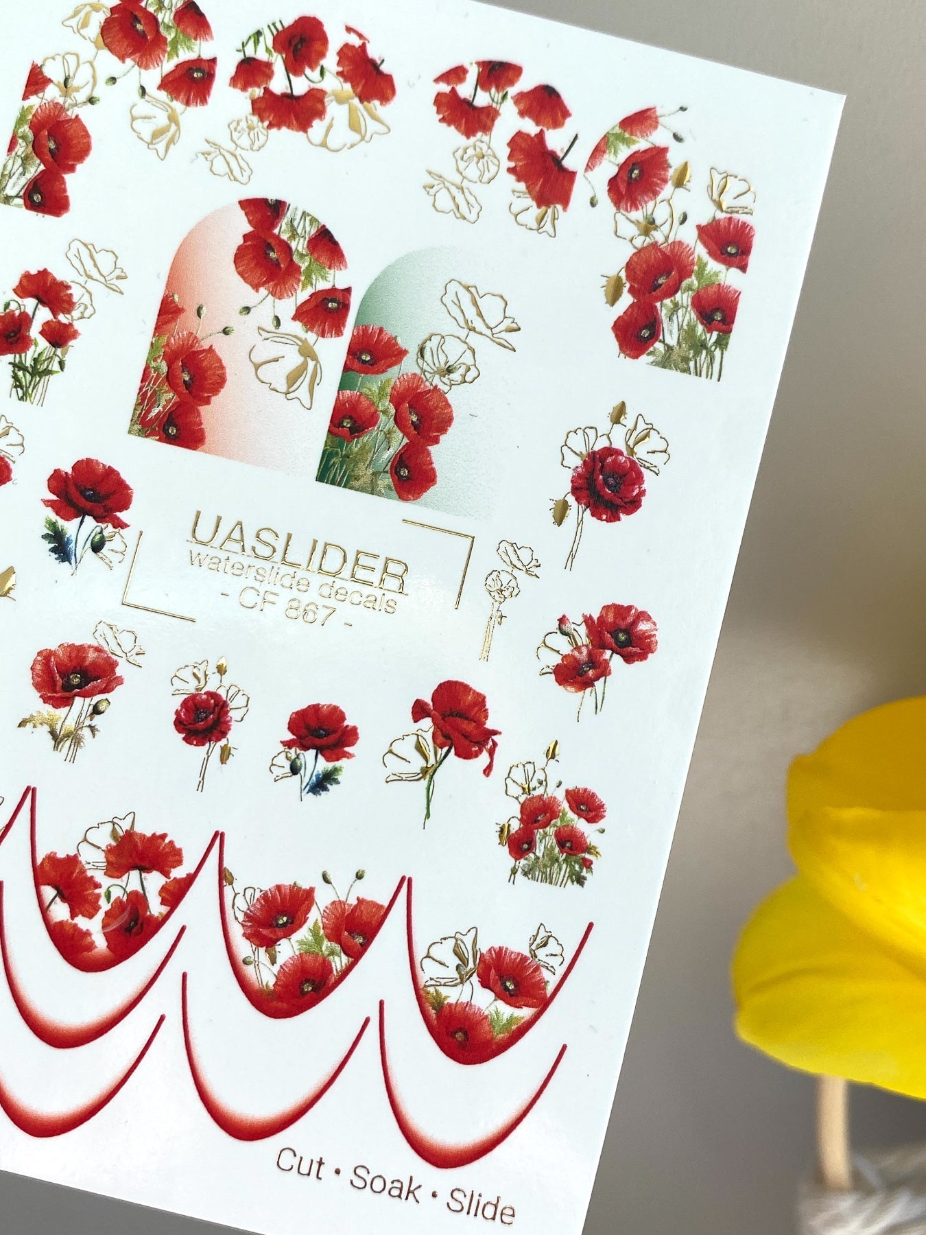 Poppy Nail Decals — Red Poppies & Gold Foil Outlines | CF - 867 - UASLIDER