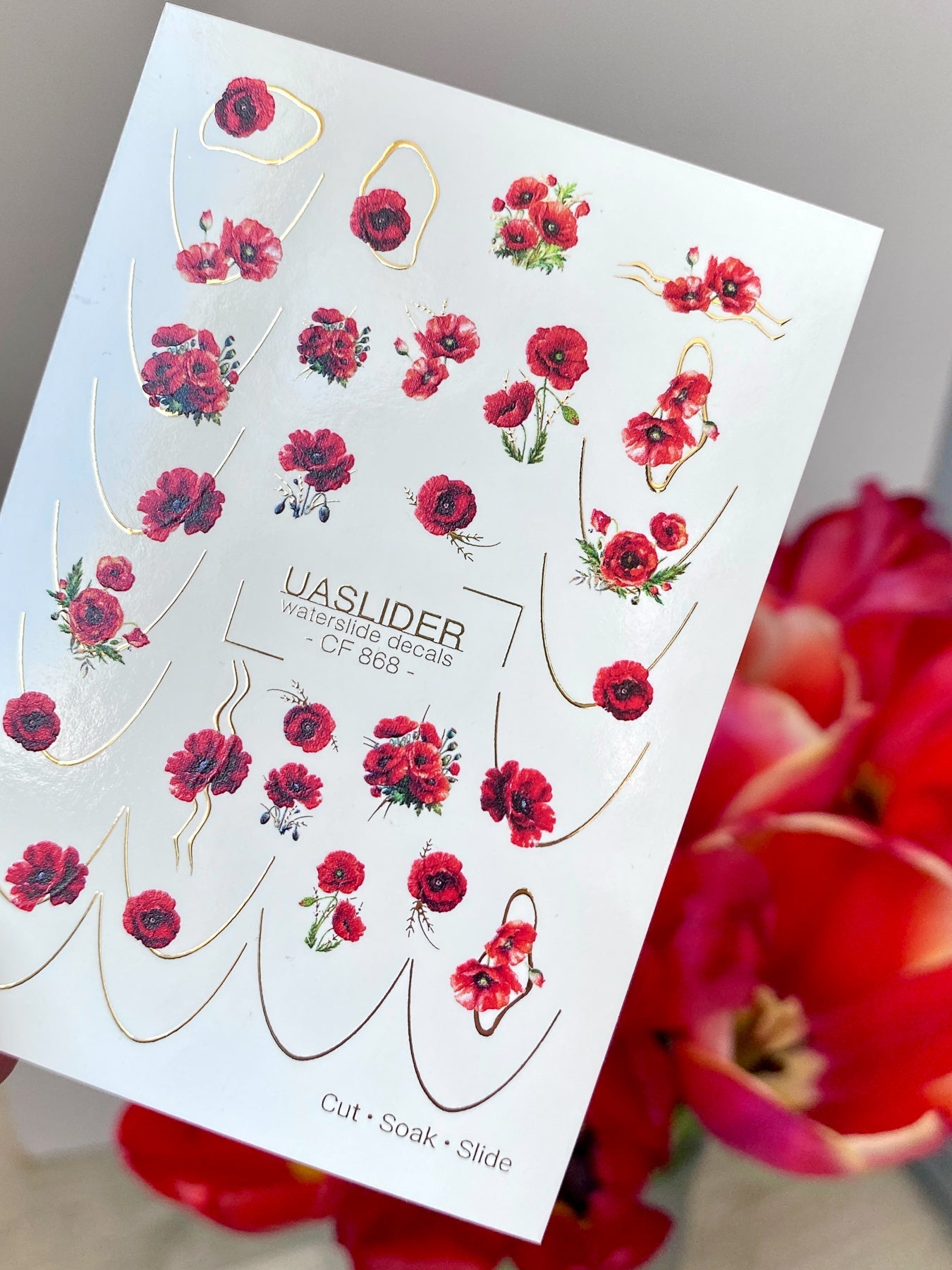 Poppy Nail Decals — Red Poppies with Gold Foil Line Art | CF - 868 - UASLIDER