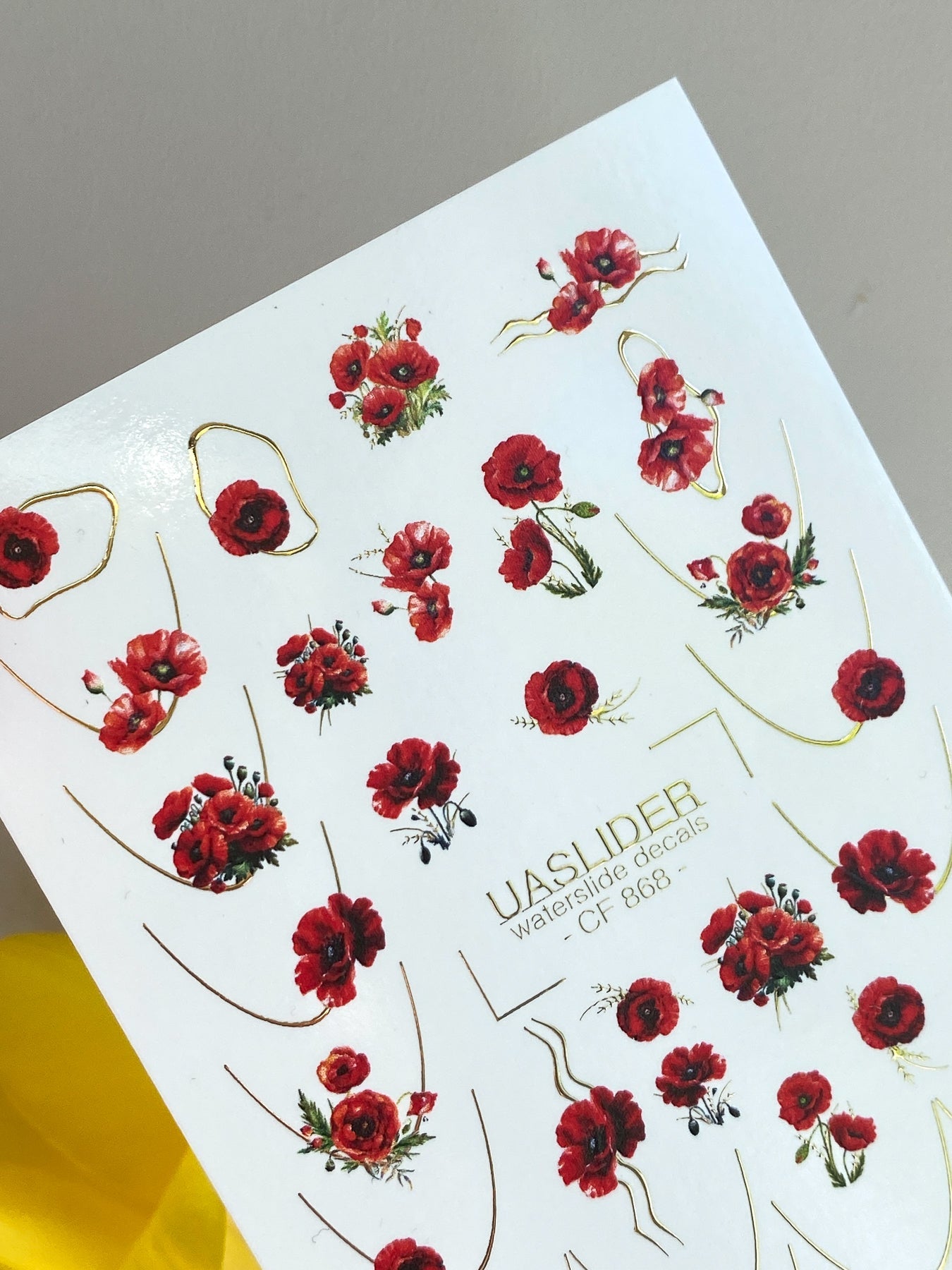 Poppy Nail Decals — Red Poppies with Gold Foil Line Art | CF - 868 - UASLIDER