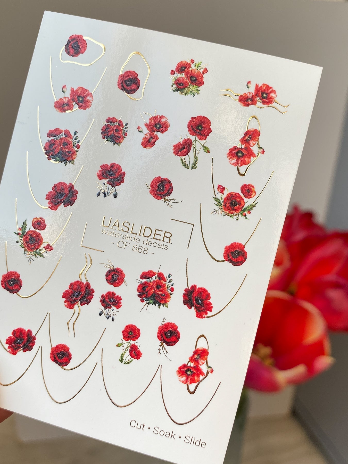 Poppy Nail Decals — Red Poppies with Gold Foil Line Art | CF - 868 - UASLIDER