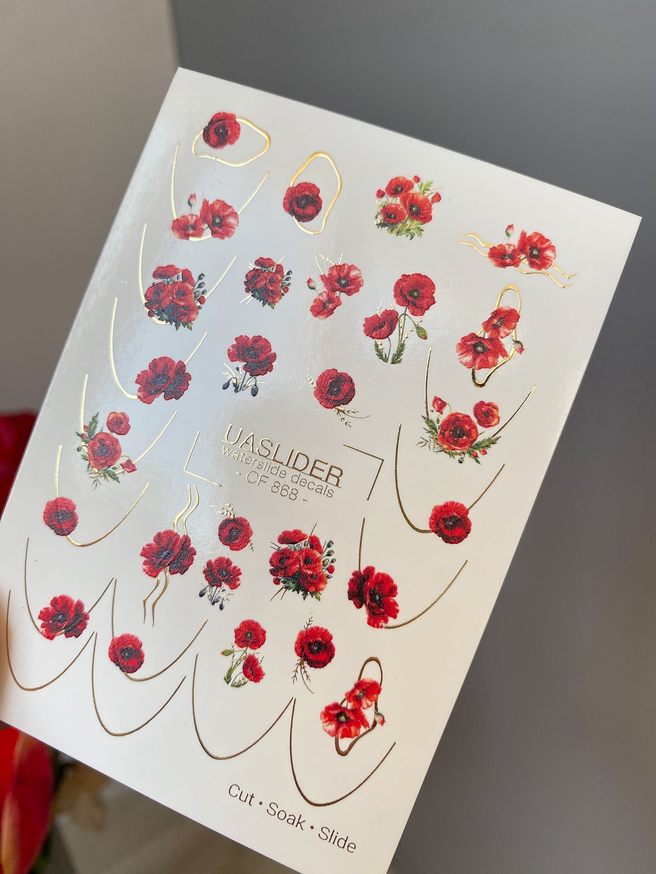 Poppy Nail Decals — Red Poppies with Gold Foil Line Art | CF - 868 - UASLIDER