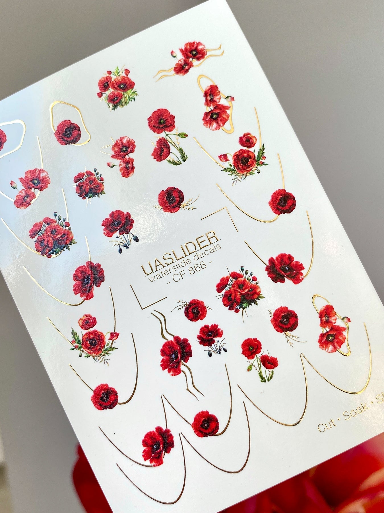 Poppy Nail Decals — Red Poppies with Gold Foil Line Art | CF - 868 - UASLIDER