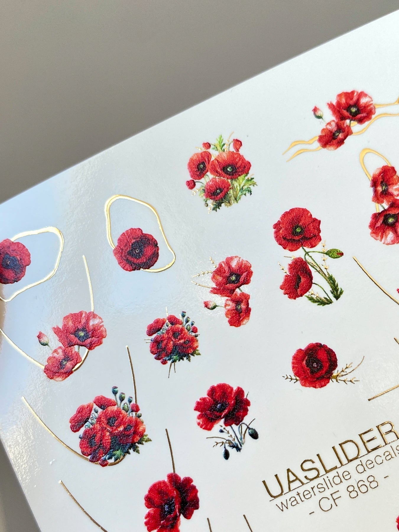 Poppy Nail Decals — Red Poppies with Gold Foil Line Art | CF - 868 - UASLIDER