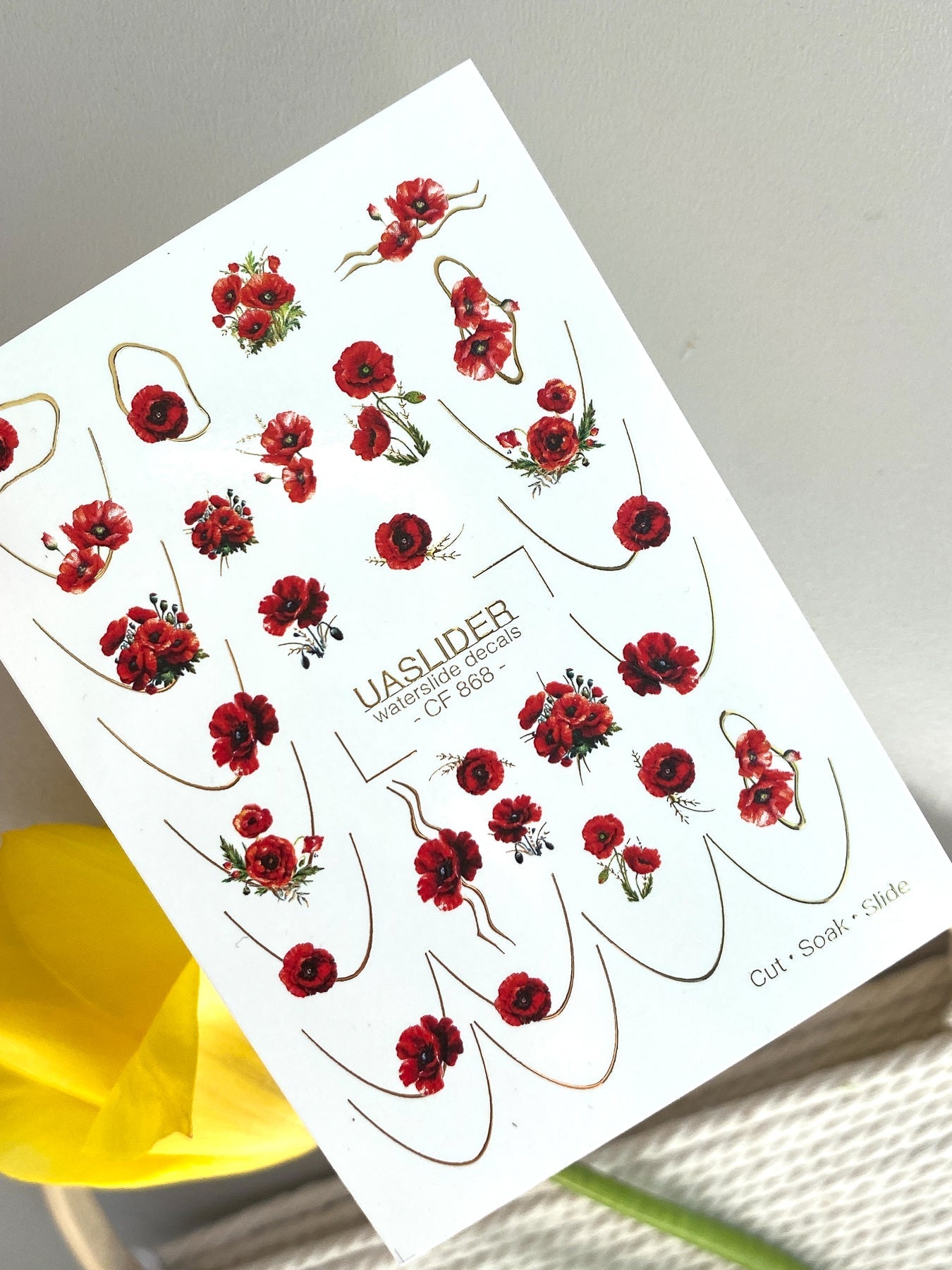 Poppy Nail Decals — Red Poppies with Gold Foil Line Art | CF - 868 - UASLIDER