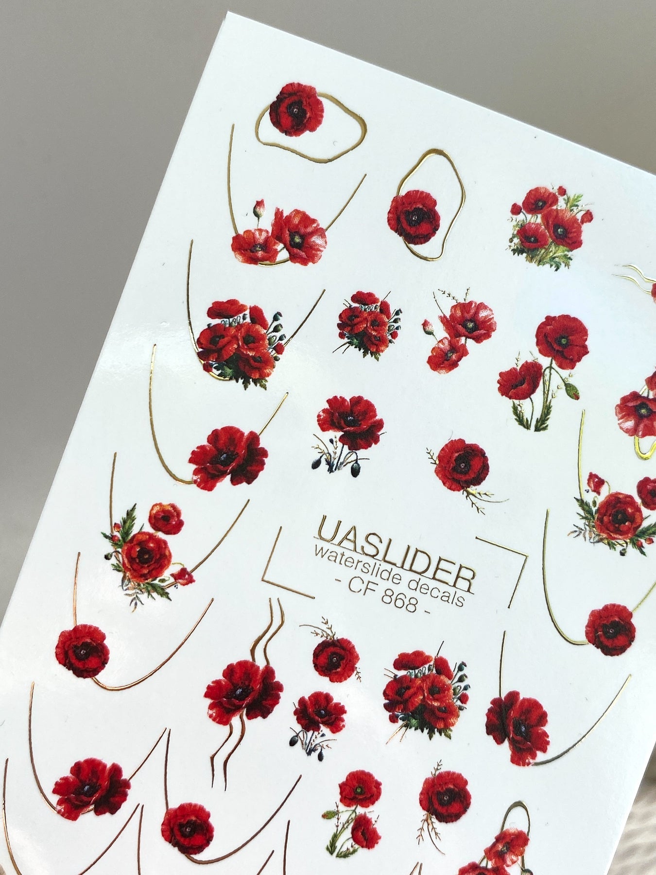 Poppy Nail Decals — Red Poppies with Gold Foil Line Art | CF - 868 - UASLIDER