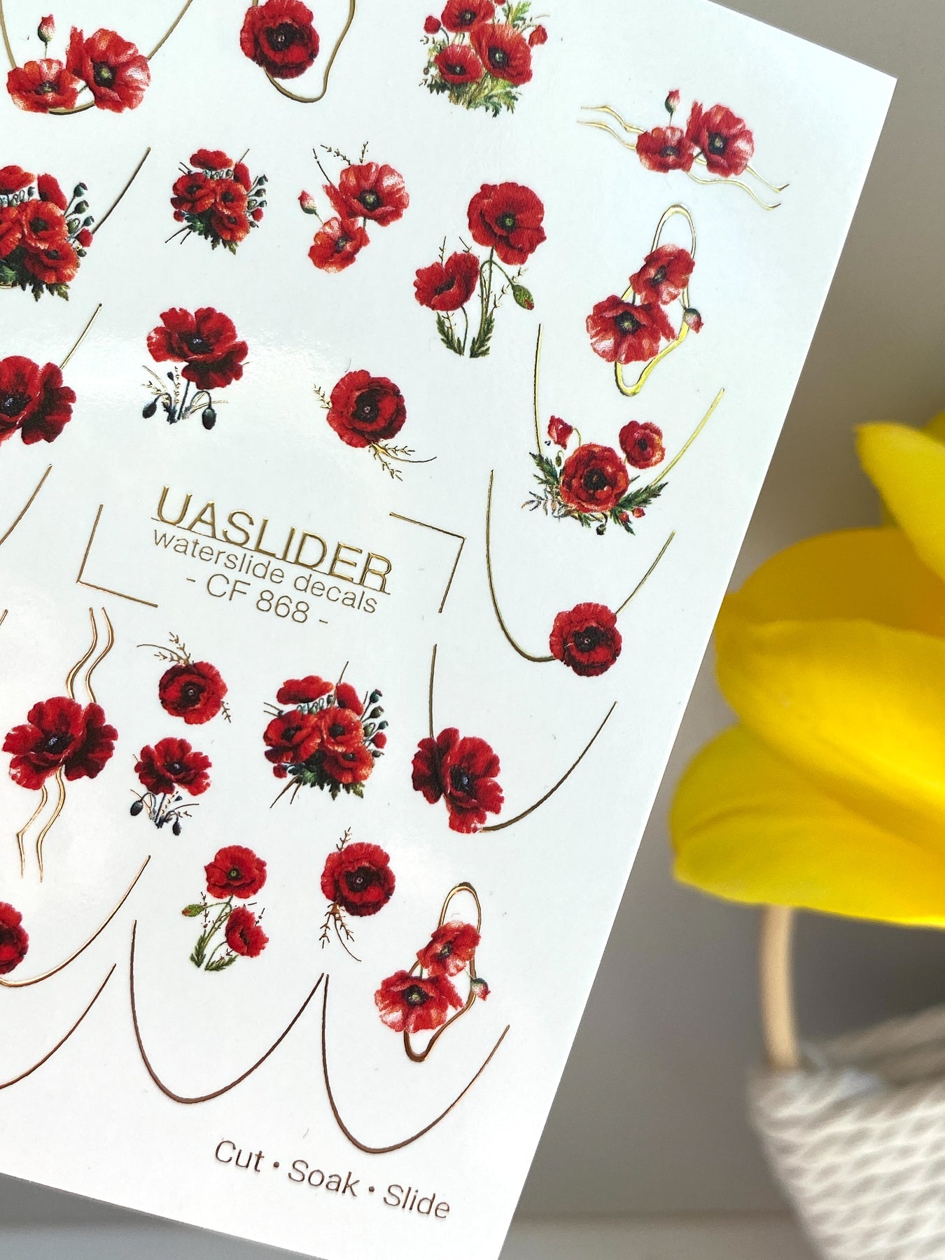 Poppy Nail Decals — Red Poppies with Gold Foil Line Art | CF - 868 - UASLIDER