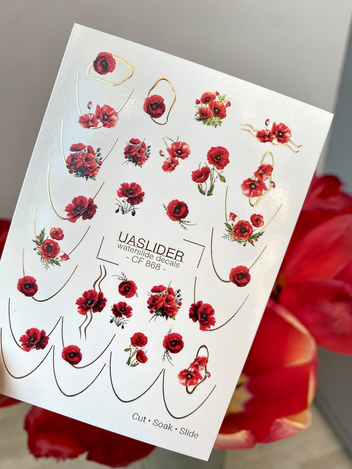Poppy Nail Decals — Red Poppies with Gold Foil Line Art | CF - 868 - UASLIDER