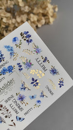 Floral Nail Decals — Blue Flowers, Butterflies & Gold Foil | CF-131