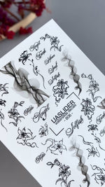 Lily & Script Nail Decals — Black Line Art Flowers & Words | 806