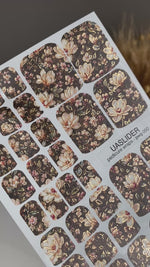 Dark Floral Pedicure Wraps — Cream Blooms & Gold Foil | pwg-050