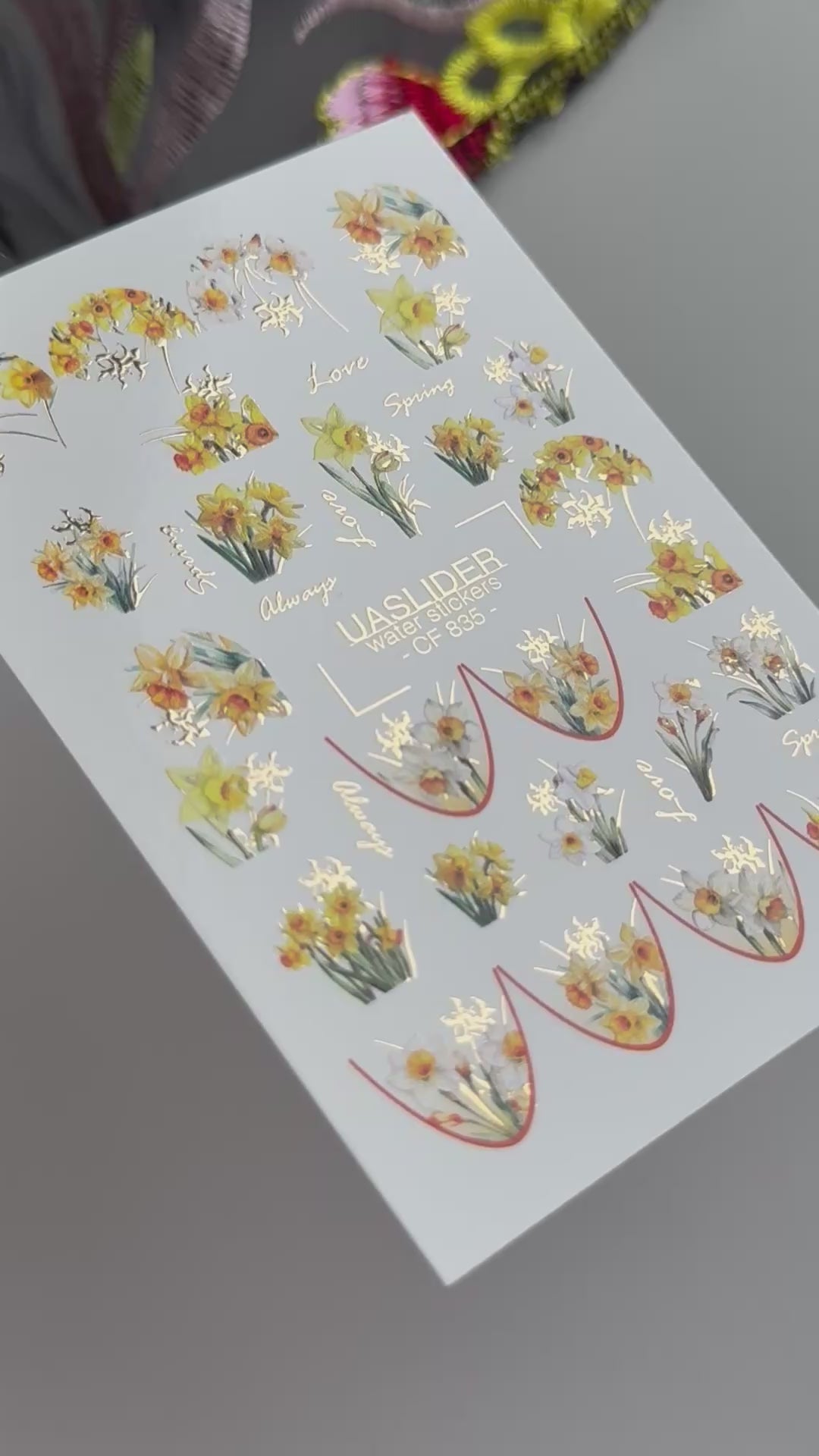 Daffodil Nail Decals — Yellow & White Spring Flowers, Gold Script | CF-835
