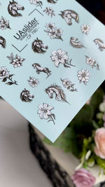 Horse & Floral Nail Decals — Black White Gold Foil | CF-780