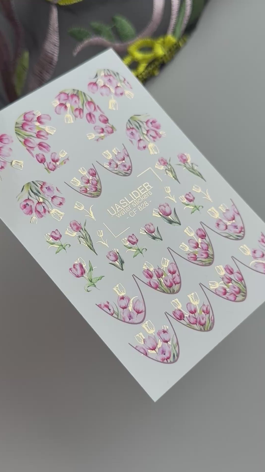 Tulip Nail Decals — Soft Pink Watercolor Bouquets & Gold Foil | CF-828