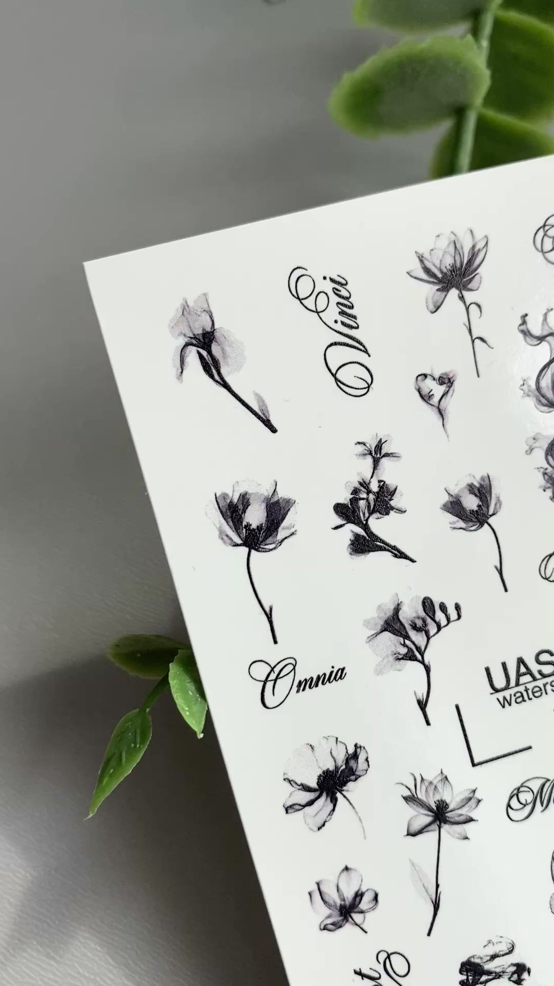 Floral Script Nail Decals — Black Ink Flowers & Words | 805