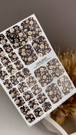 Black Floral Pedicure Wraps — Cream Blooms & Gold Foil | pwg-065