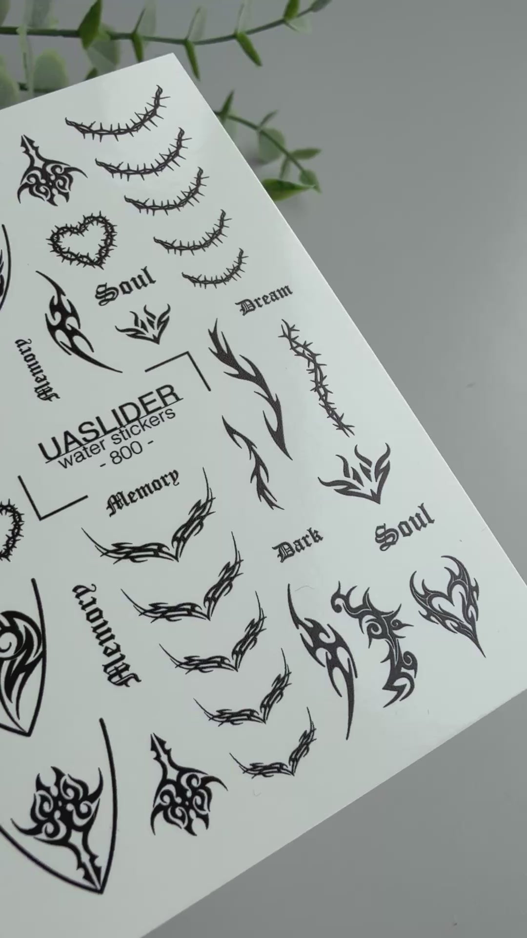 Gothic Tribal Nail Decals — Thorns Hearts Dark Script | 800
