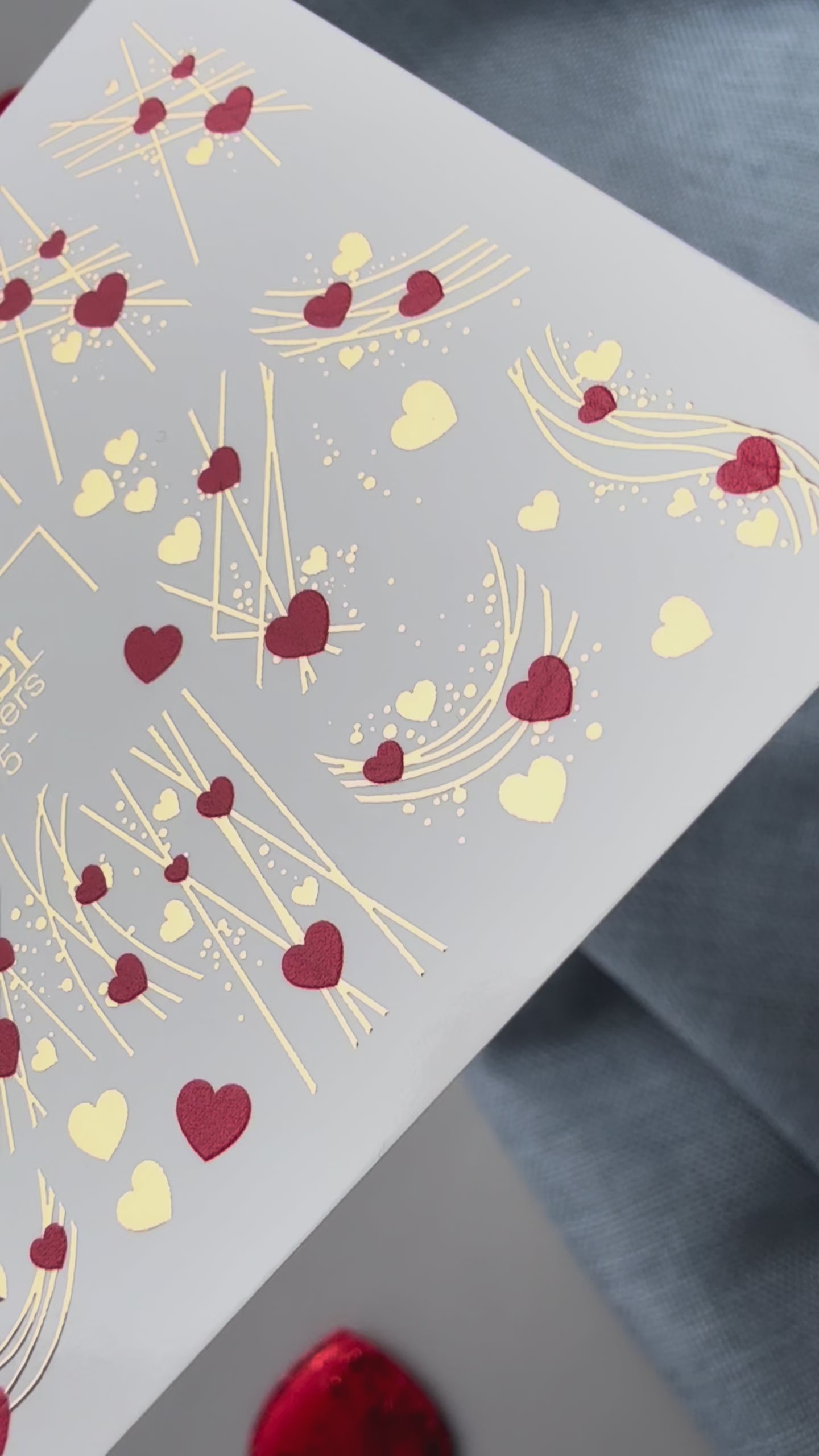 Heart Nail Decals — Red Hearts & Gold Foil Lines | CF-075