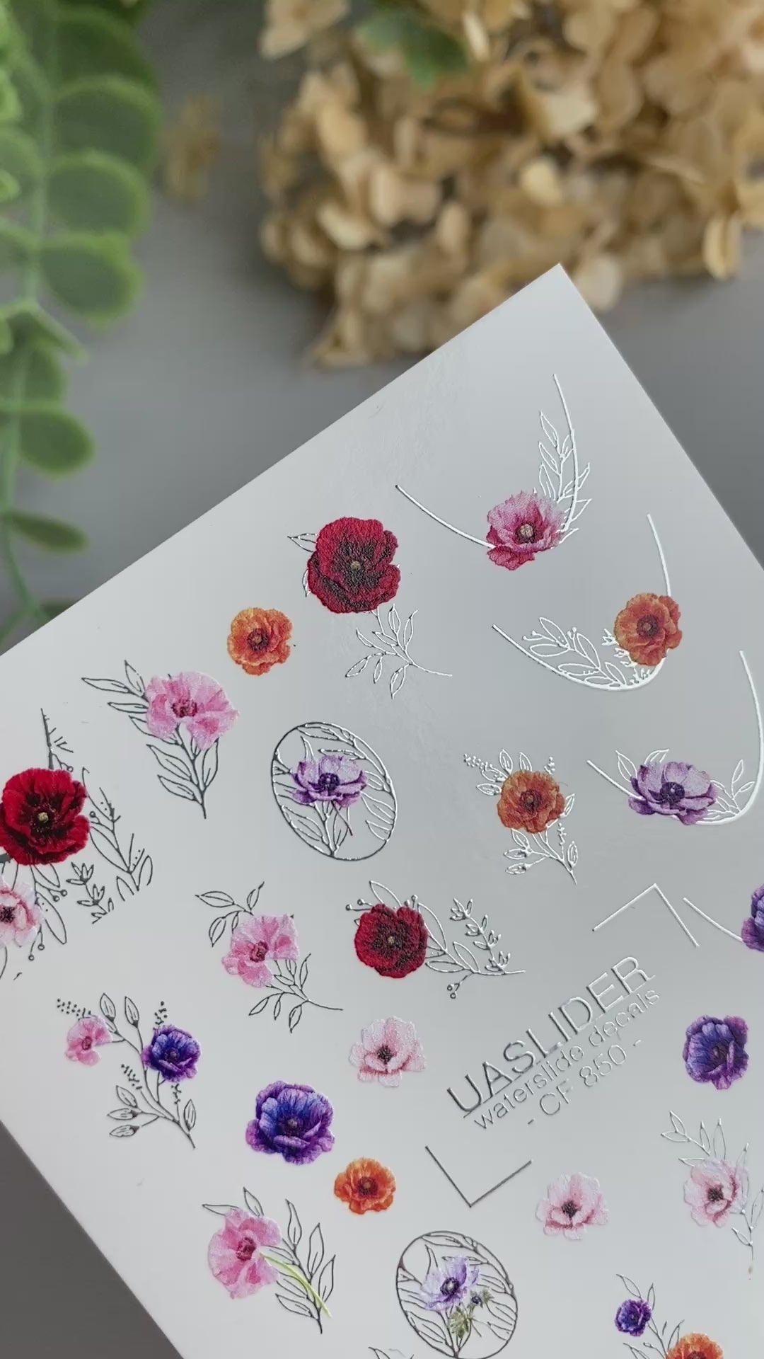 Floral Nail Decals — Poppies, Anemones & Silver Foil Botanicals | CF-850