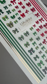 Christmas Bow Nail Decals — Red & Green Bows, Gold Foil Lines | CF-796