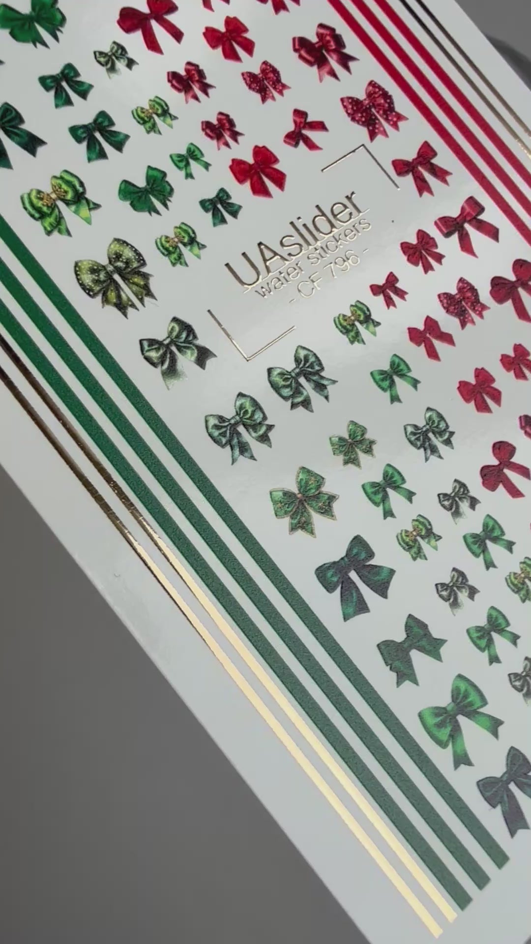 Christmas Bow Nail Decals — Red & Green Bows, Gold Foil Lines | CF-796