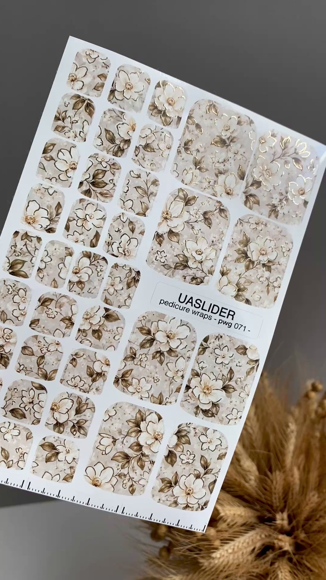 Ivory Floral Pedicure Wraps — Gold Foil Leaves | pwg-071