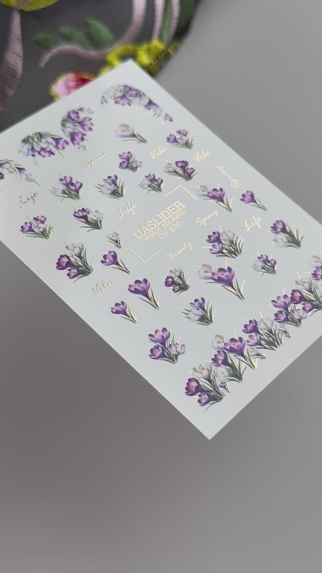 Crocus Nail Decals — Purple Spring Flowers & Gold Foil Script | CF-830