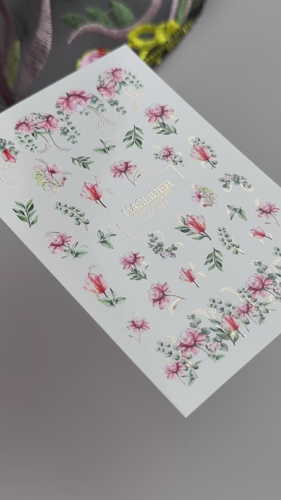 Floral Nail Decals — Pink Flowers, Eucalyptus & Gold Foil Sprigs | CF-829