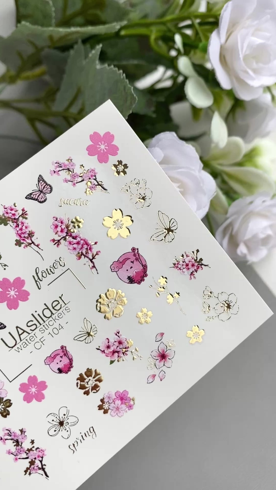Sakura Nail Decals — Cherry Blossom, Butterflies & Gold Foil | CF-104