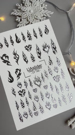 Flame & Fire Heart Nail Decals — Silver Foil Tribal | CF-793