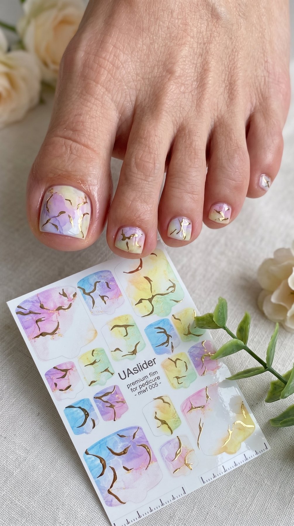 Rainbow Pedicure Nail Wraps — Pastel Marble Gold Foil | mwf-005 - UASLIDER
