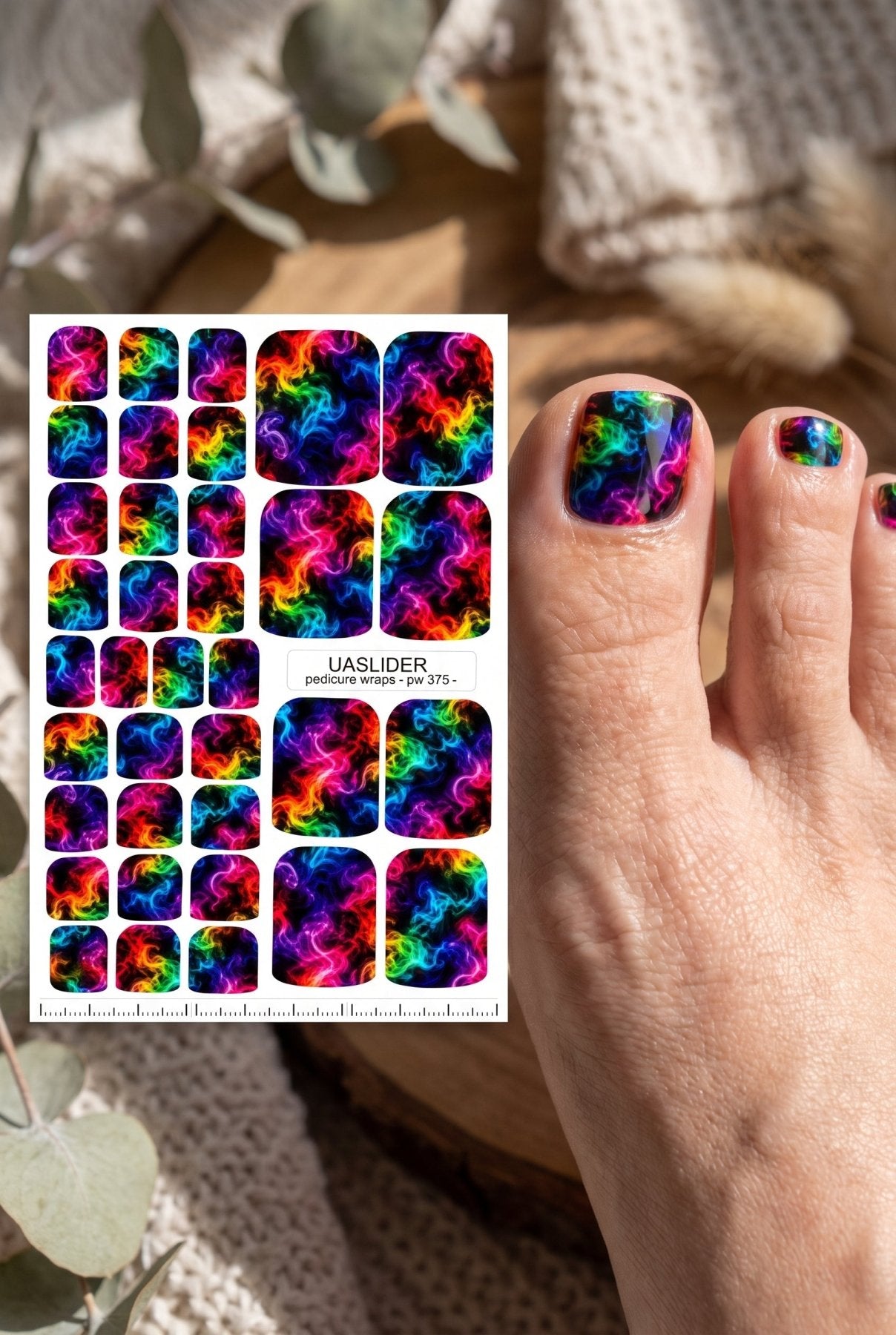 Rainbow Smoke Pedicure Nail Wraps — Neon Colors on Black | pw-375 - UASLIDER