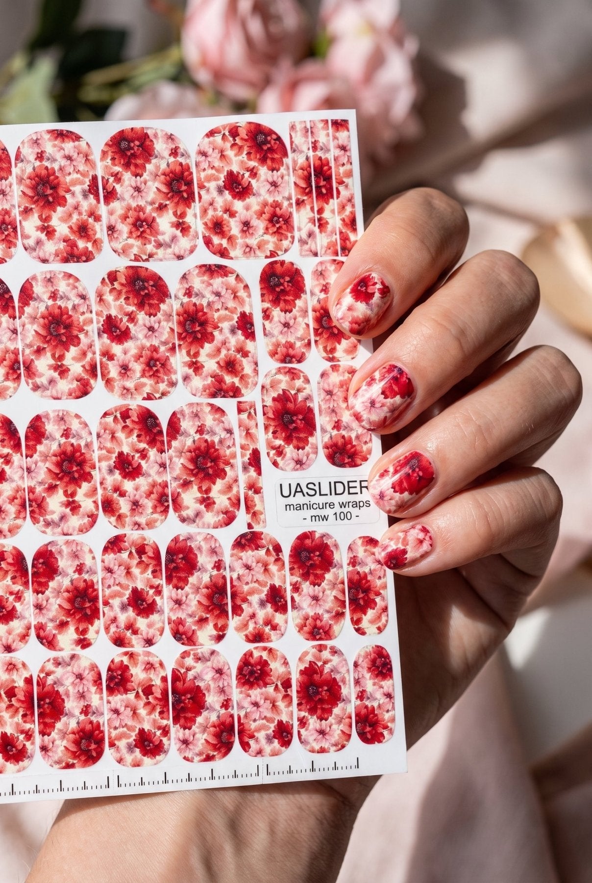 Red Floral Manicure Wraps — Burgundy & Blush Flowers | mw-100 - UASLIDER