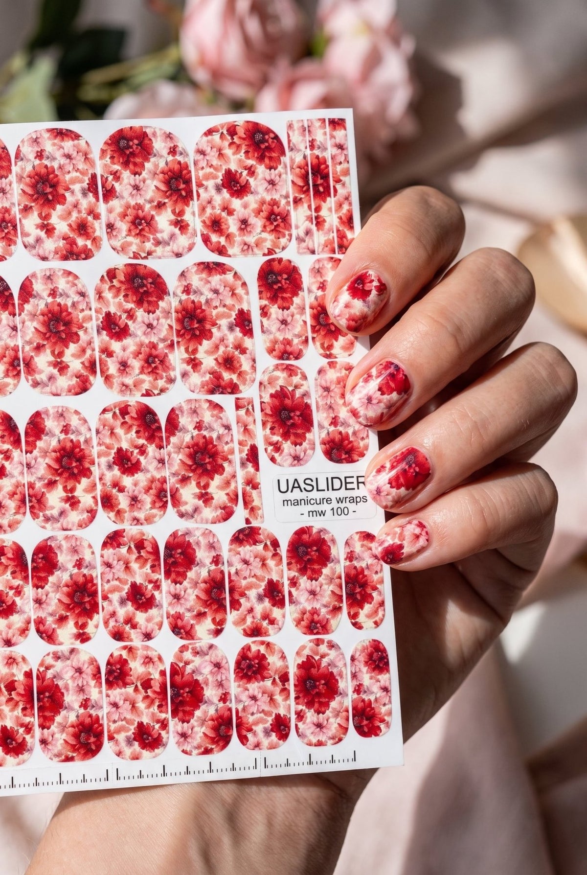 Red Floral Manicure Wraps — Burgundy & Blush Flowers | mw-100 - UASLIDER