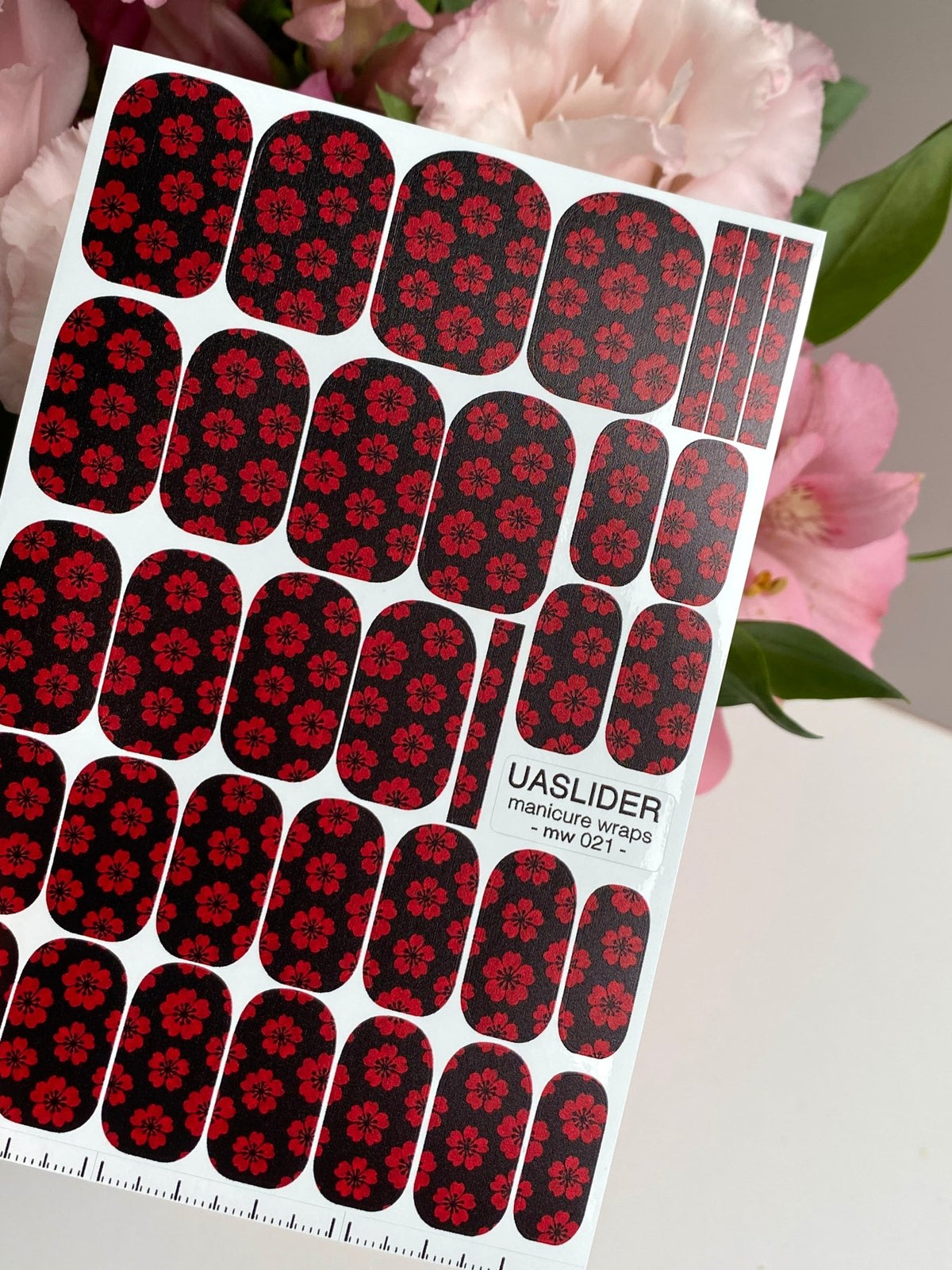 Red Floral Manicure Wraps — Small Flowers on Black | mw-021 - UASLIDER