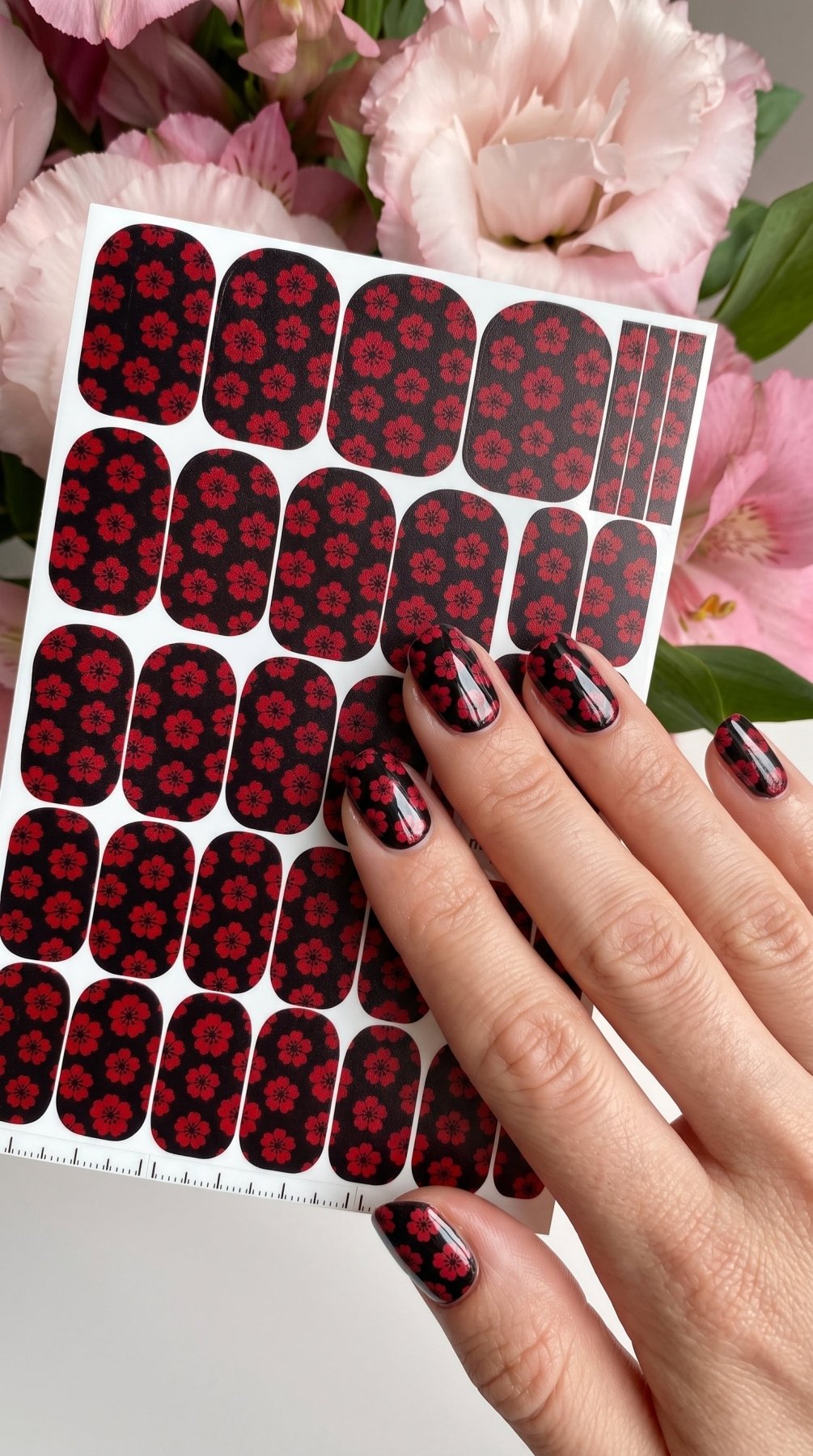 Red Floral Manicure Wraps — Small Flowers on Black | mw-021 - UASLIDER