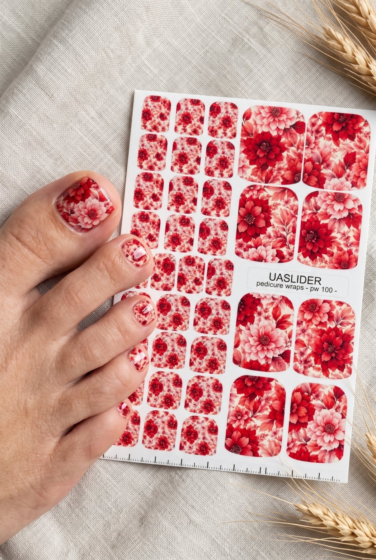 Red Floral Pedicure Wraps — Layered Botanical Pattern | pw-100 - UASLIDER