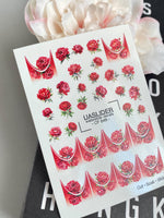 Red Peony Nail Decals — Crimson Flowers & Gold Foil French Tips | CF-848 - UASLIDER