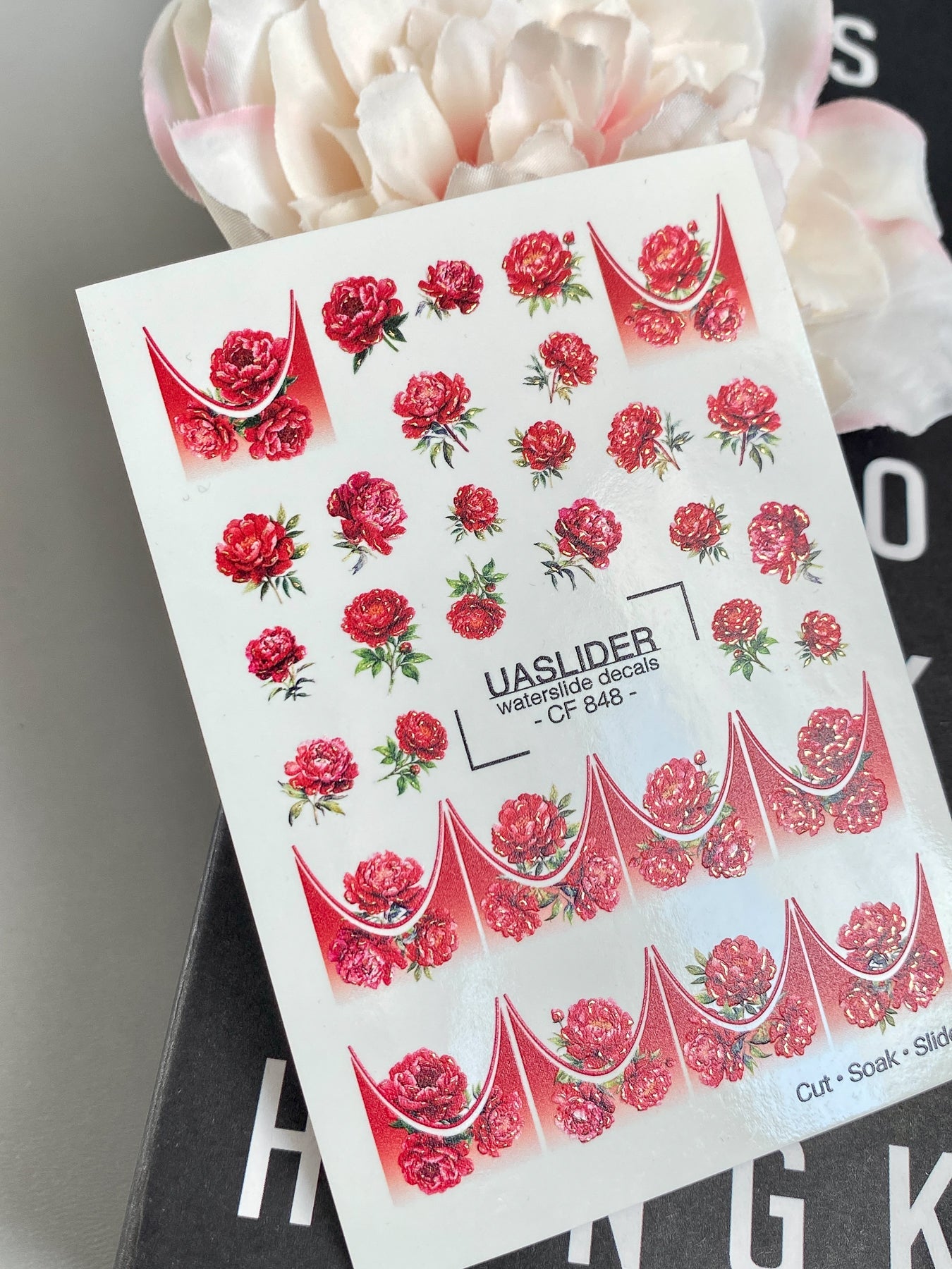 Red Peony Nail Decals — Crimson Flowers & Gold Foil French Tips | CF-848 - UASLIDER