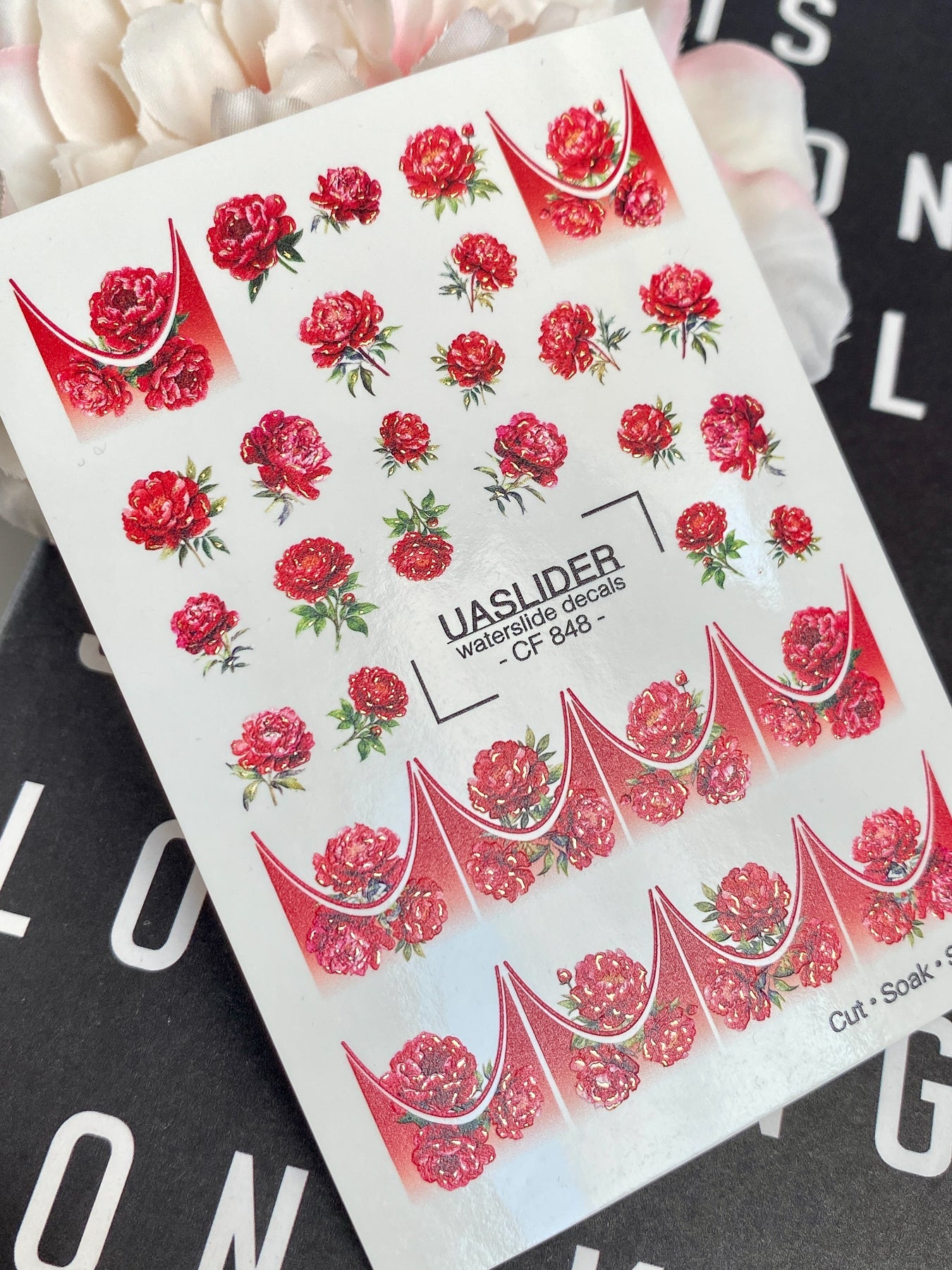 Red Peony Nail Decals — Crimson Flowers & Gold Foil French Tips | CF-848 - UASLIDER