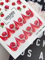 Red Peony Nail Decals — Crimson Flowers & Gold Foil French Tips | CF-848 - UASLIDER