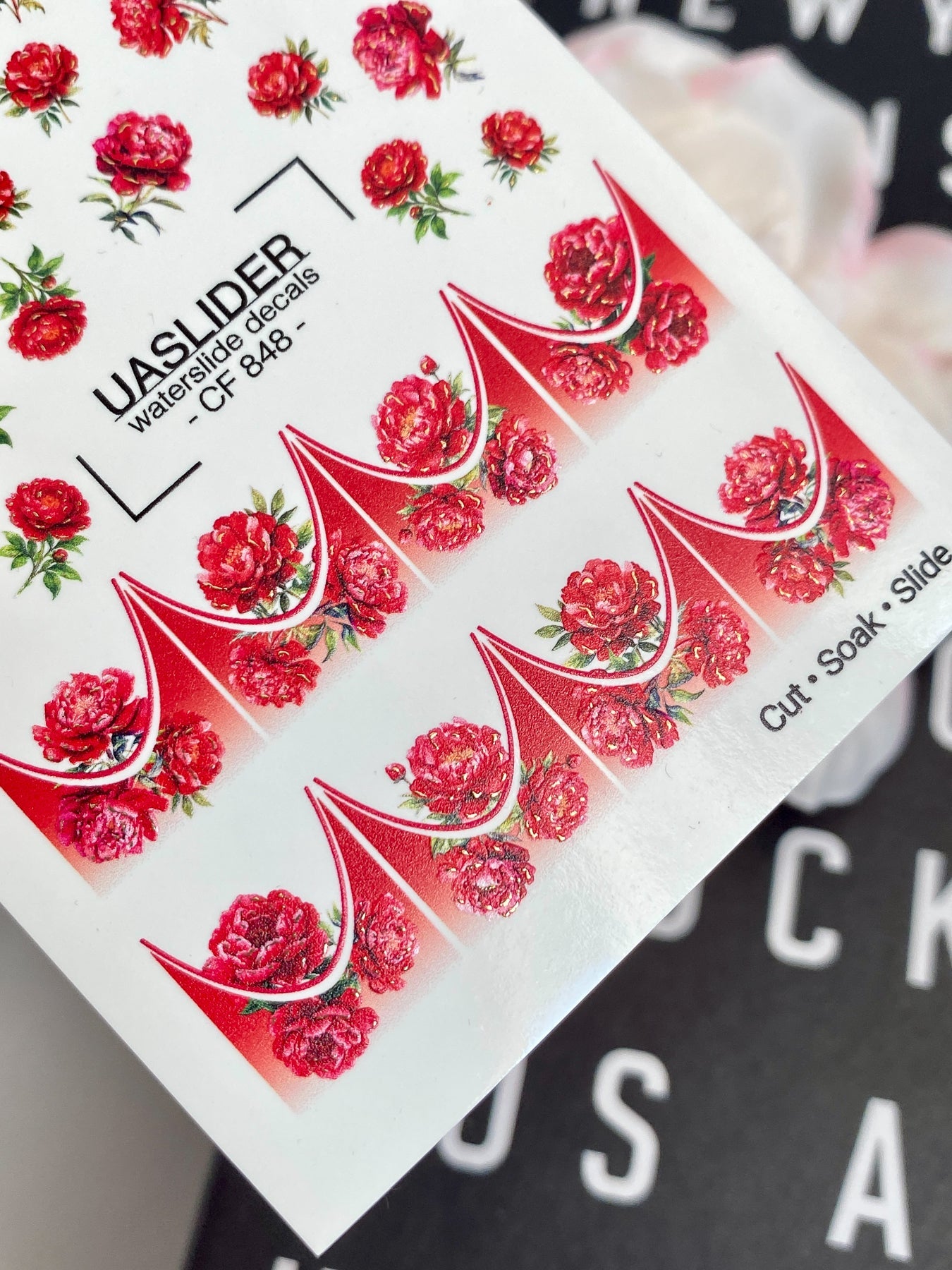 Red Peony Nail Decals — Crimson Flowers & Gold Foil French Tips | CF-848 - UASLIDER