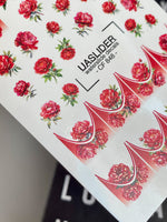 Red Peony Nail Decals — Crimson Flowers & Gold Foil French Tips | CF-848 - UASLIDER