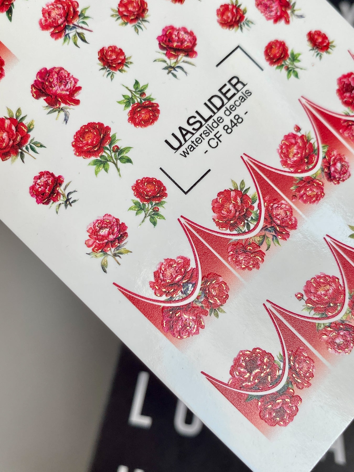 Red Peony Nail Decals — Crimson Flowers & Gold Foil French Tips | CF-848 - UASLIDER